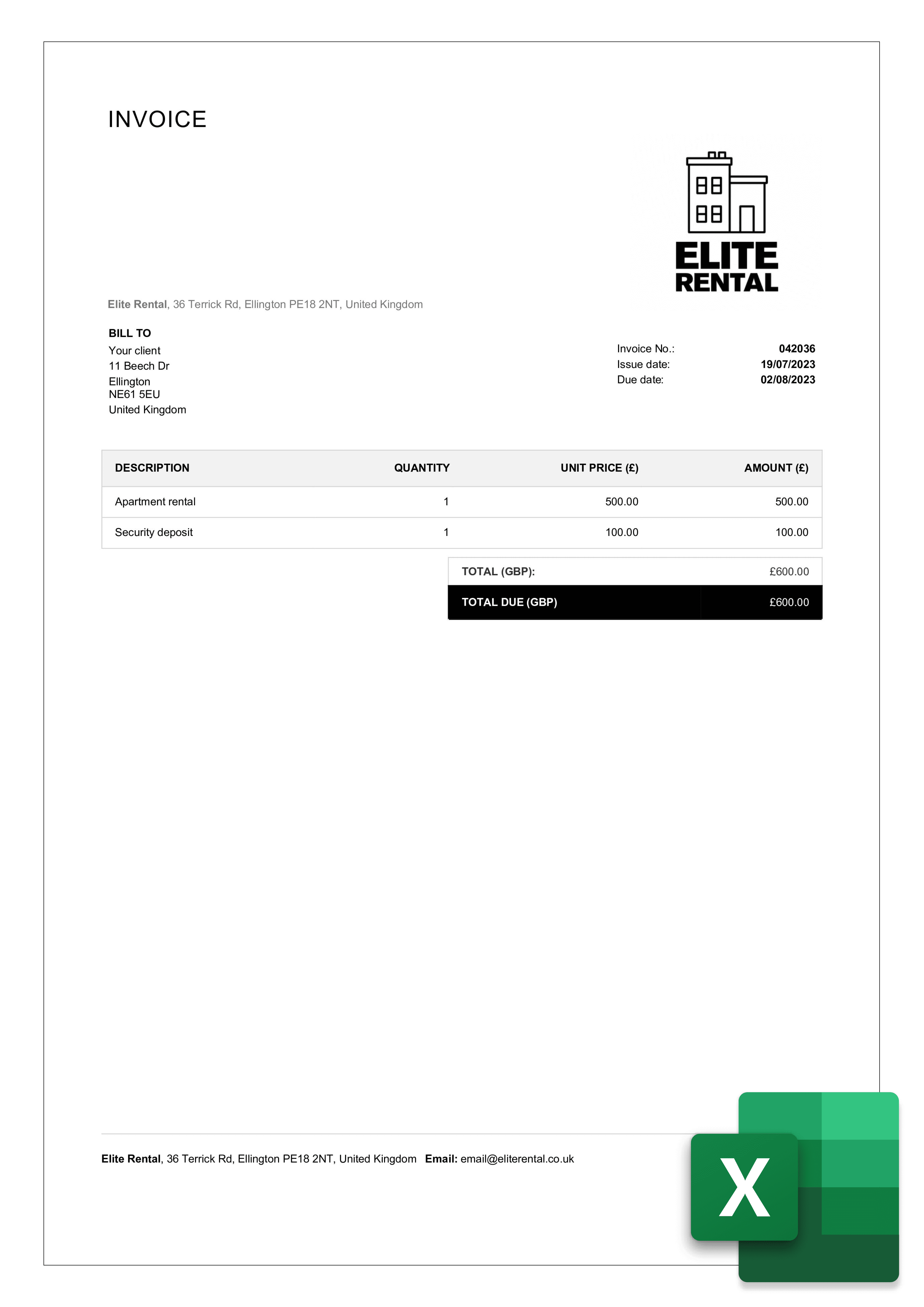 rental invoice template example in excel