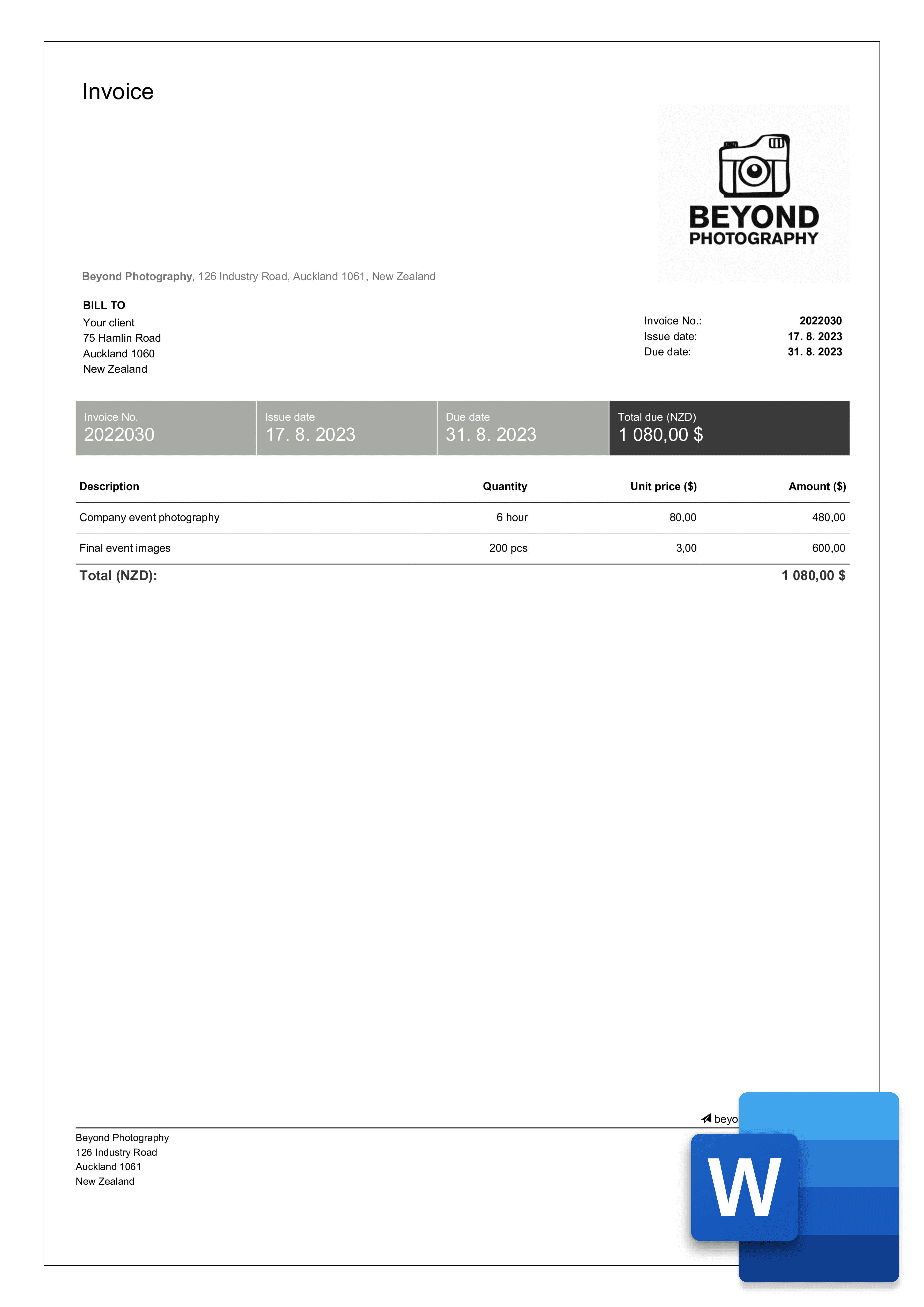 photography invoice template in word