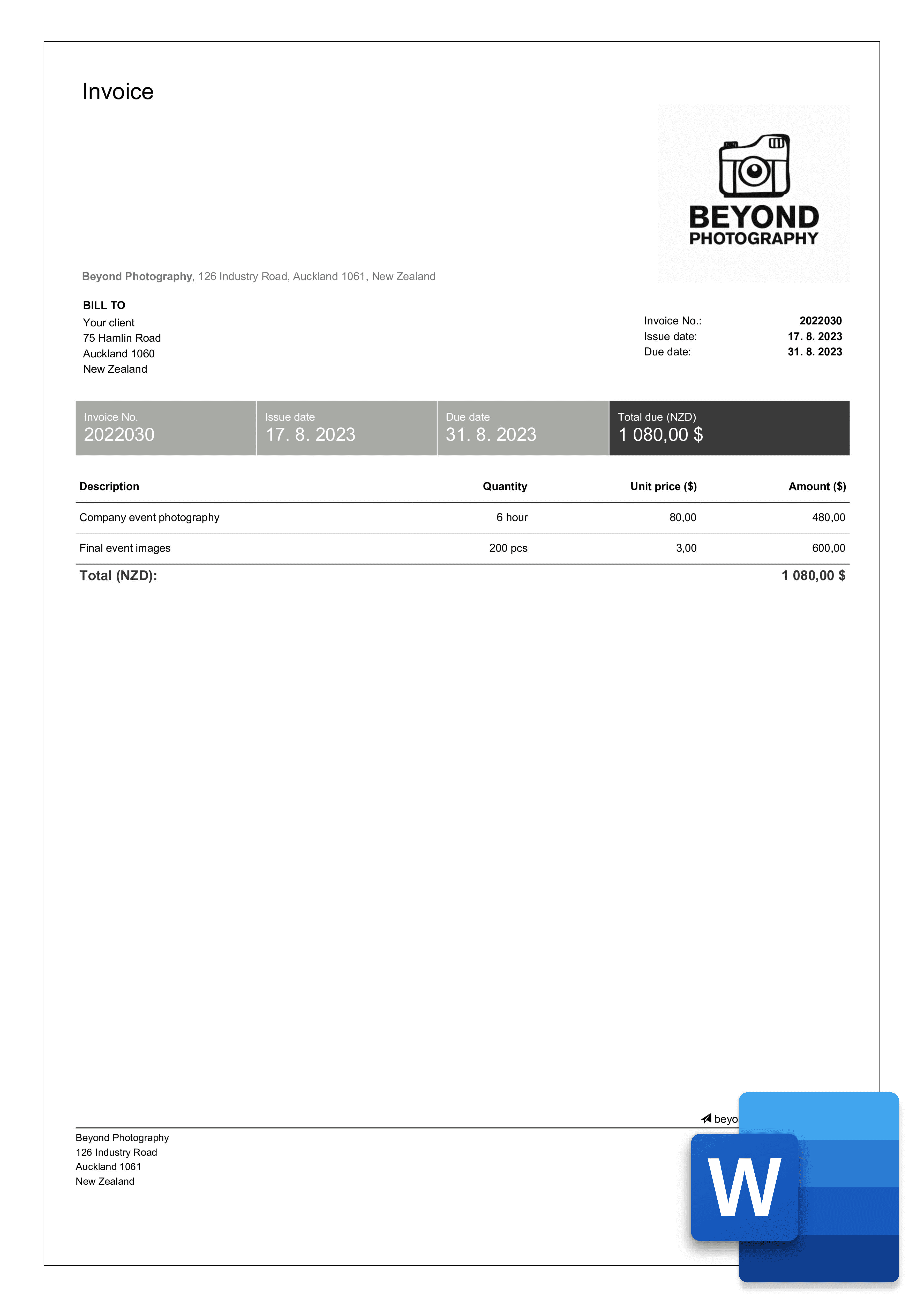 Free Photography Invoice Templates In Word Billdu