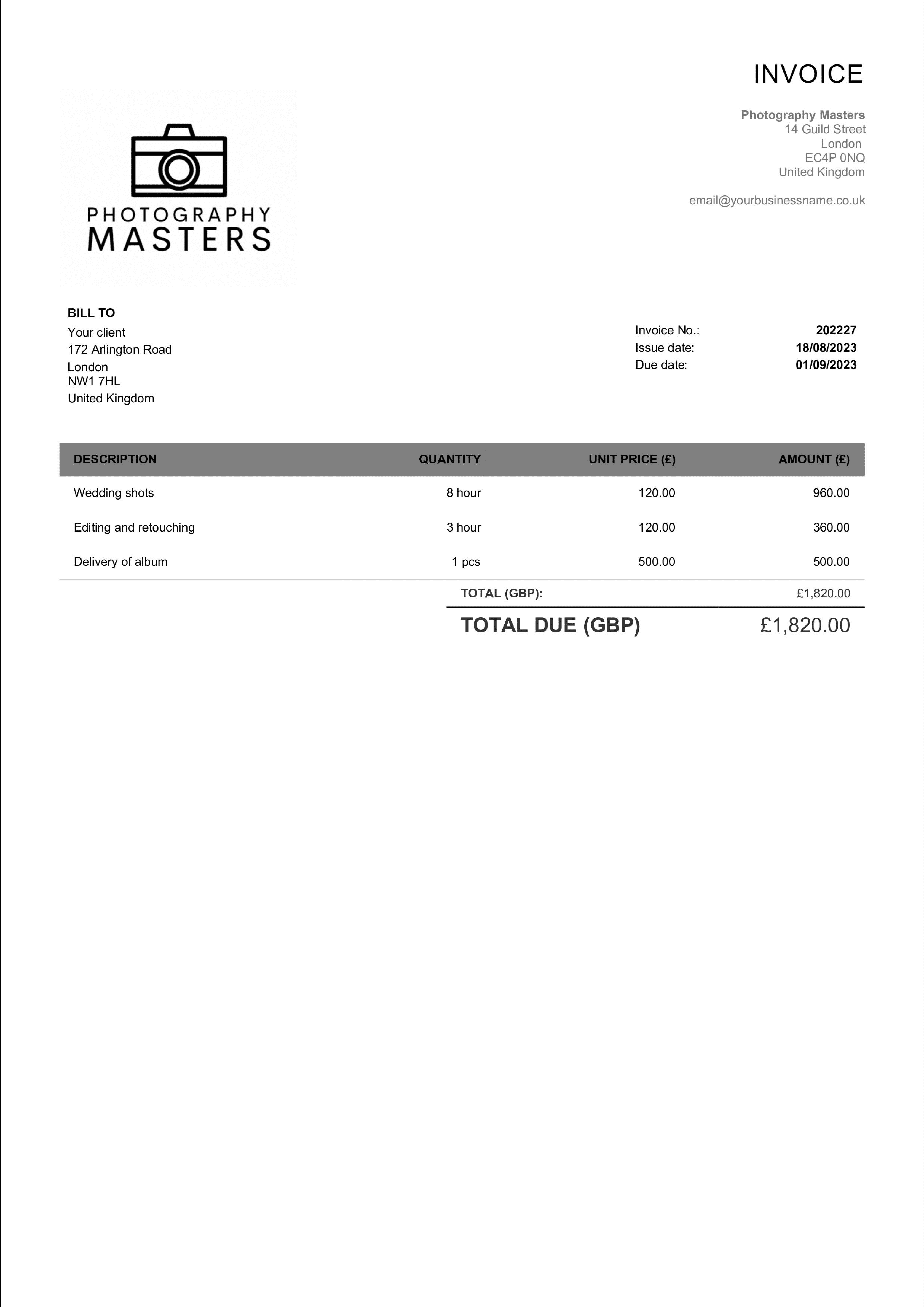 simple photography invoice layout united kingdom