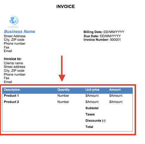 List of Provided Products Services in Invoice in Microsoft Word