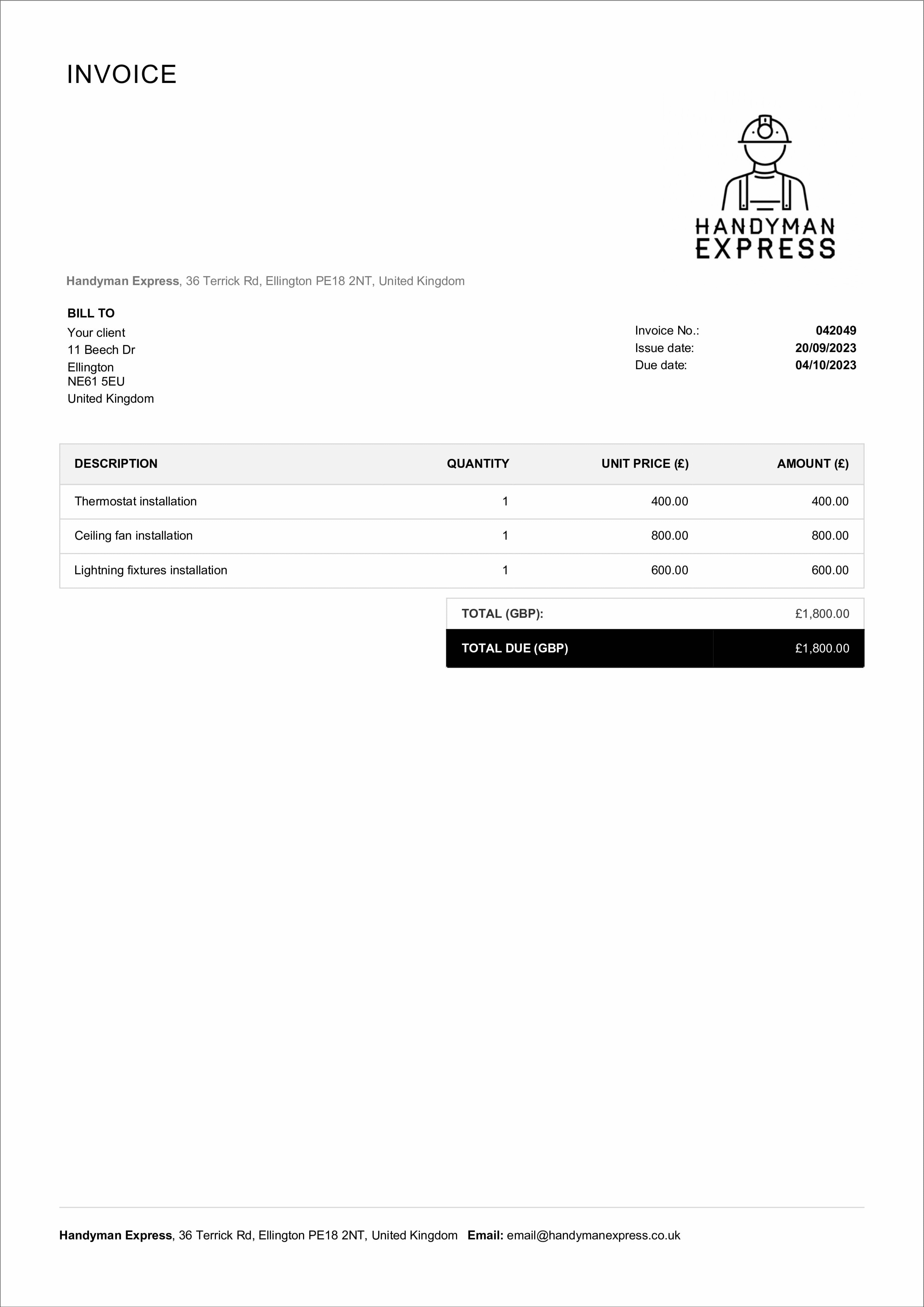 fillable handyman invoice template example