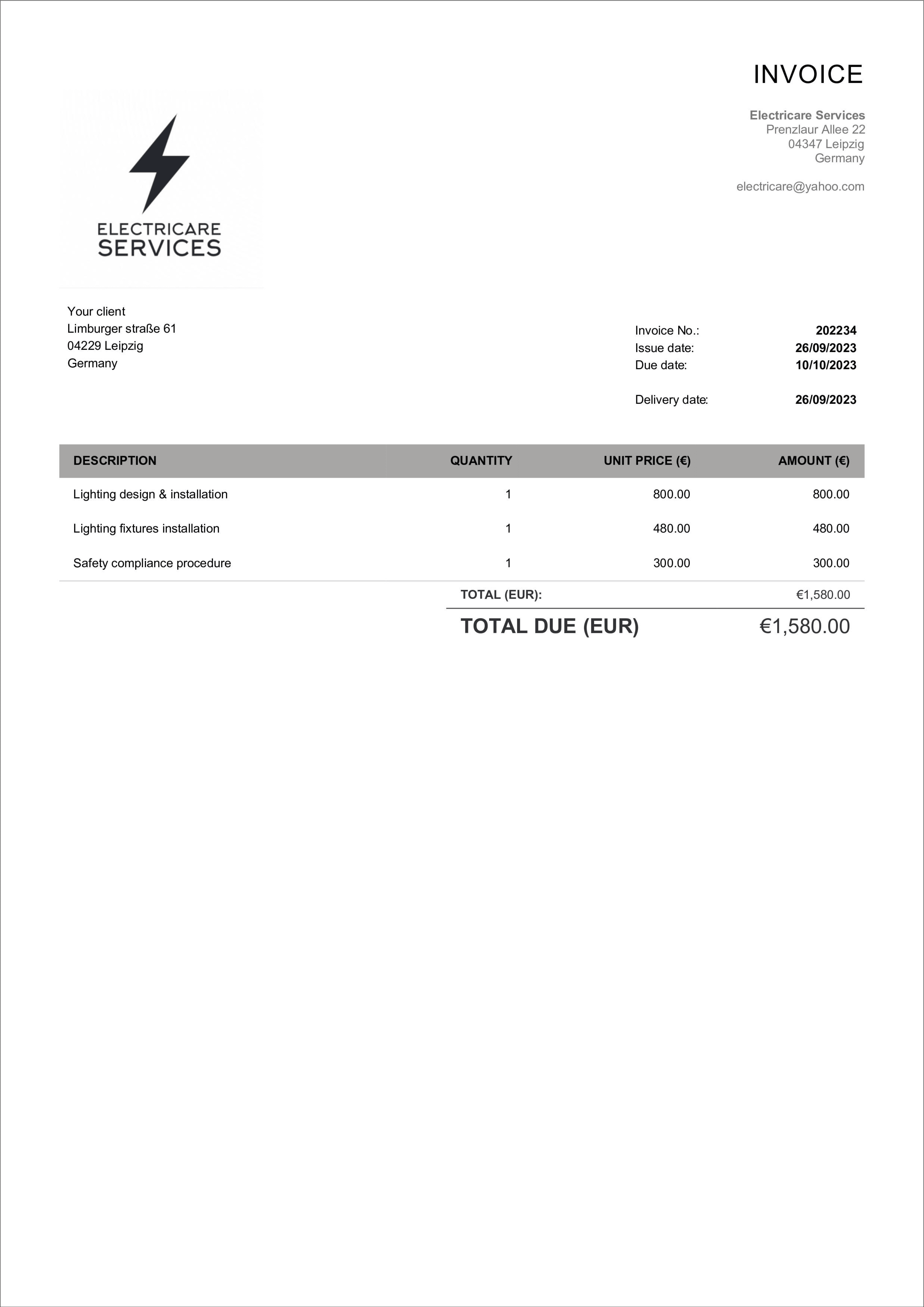 simple electrician invoice layout