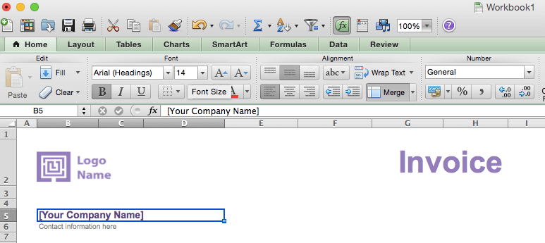 Create an invoice header in Excel