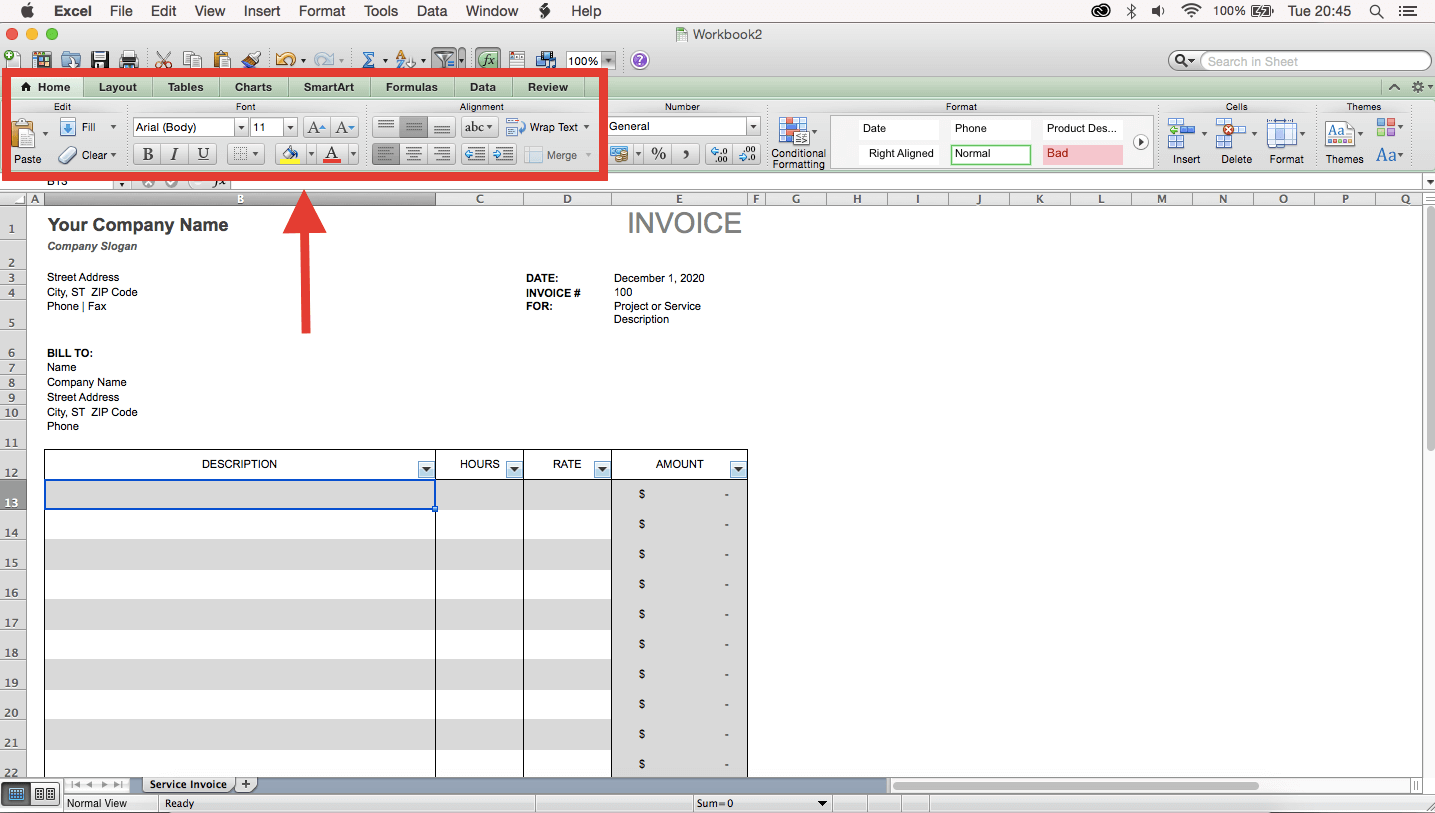 Customize your invoice in Excel