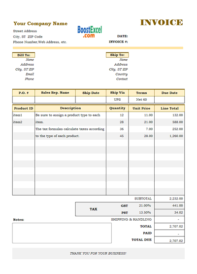 Mixed invoice template