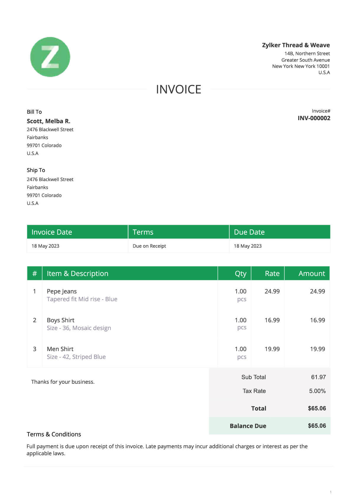 Retail Invoice Template