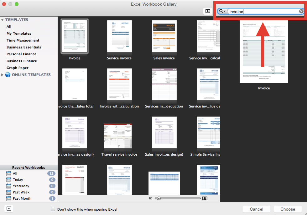 Search invoice templates in excel