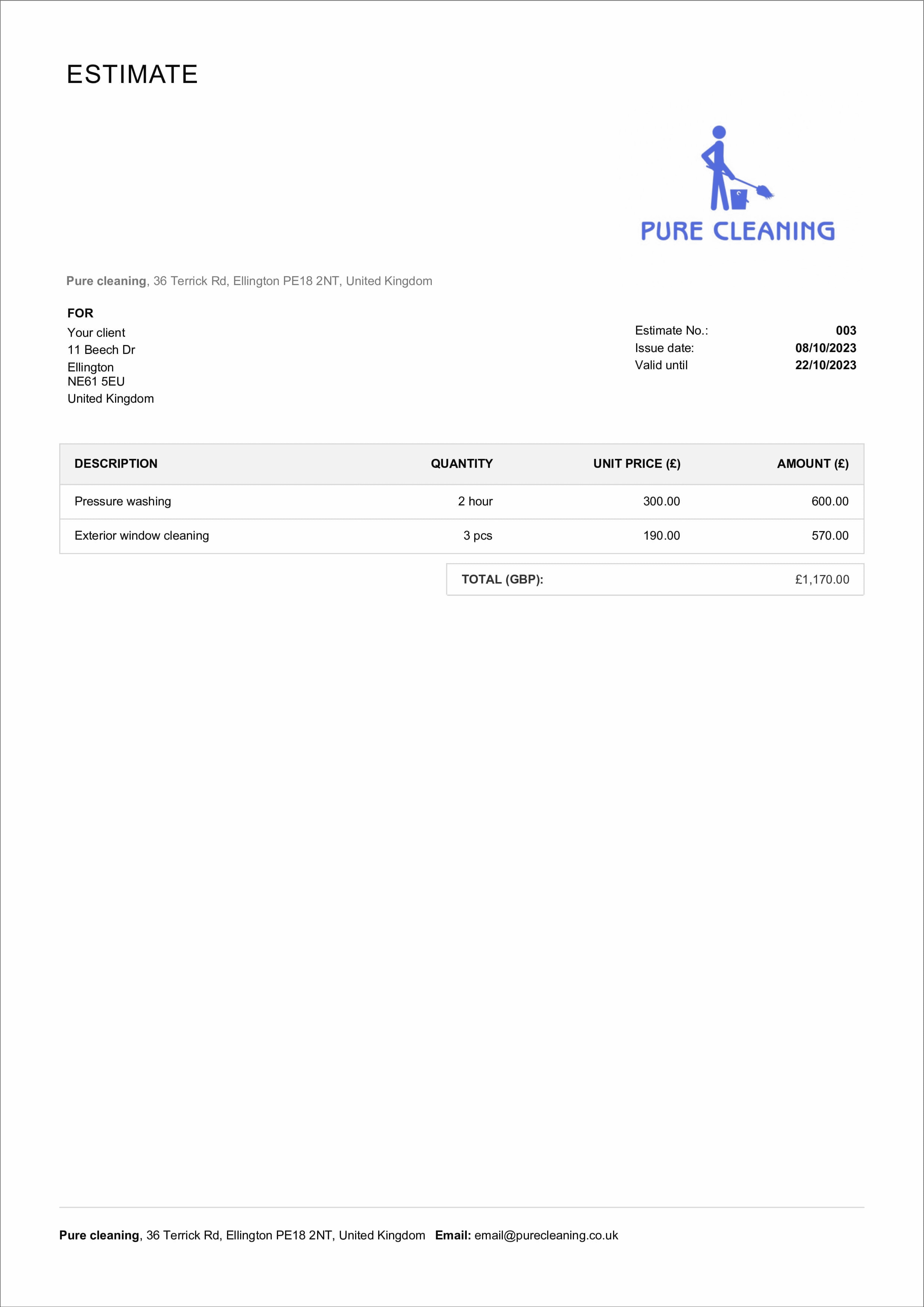 cleaning estimate template example