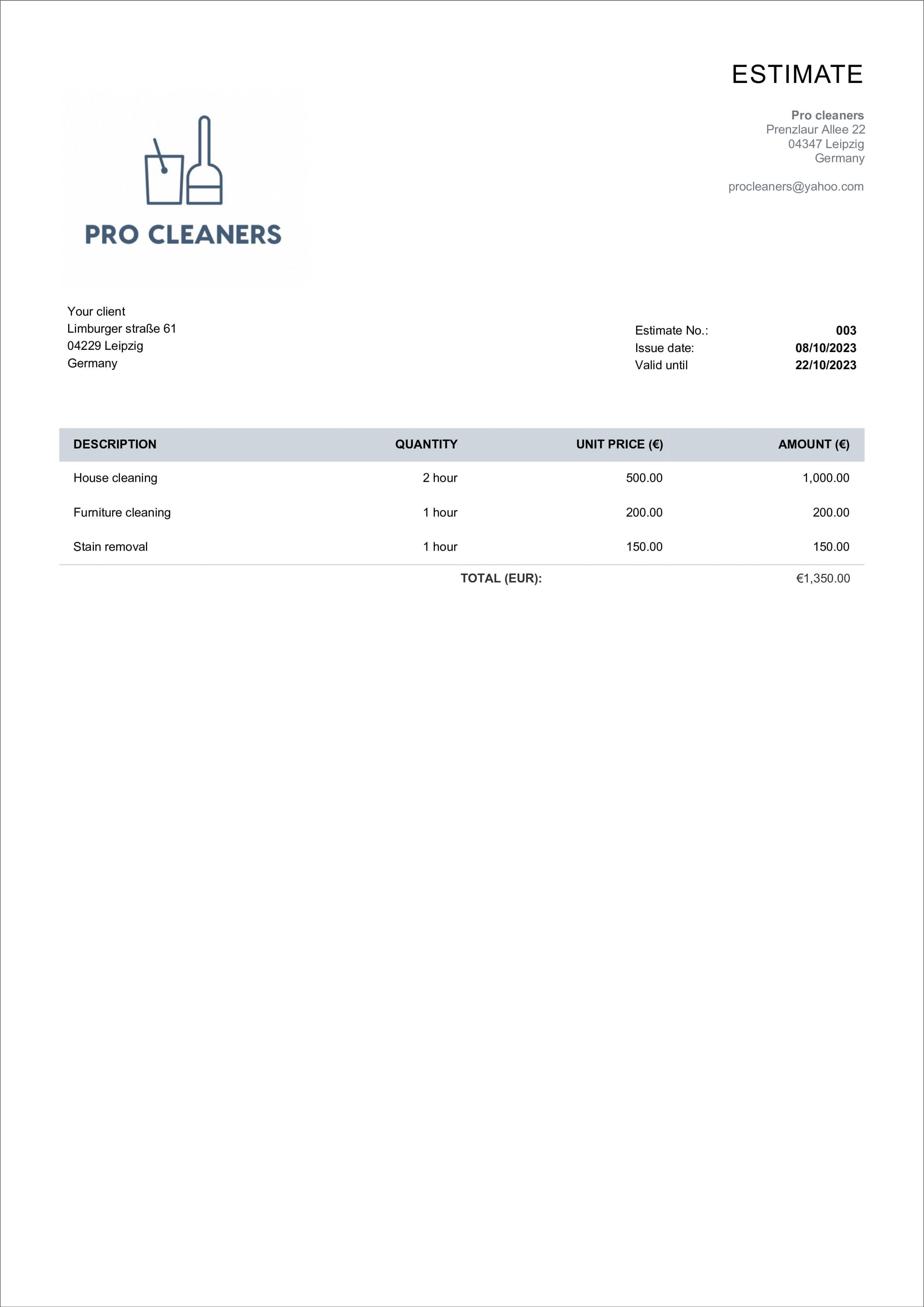 cleaning estimate template sample