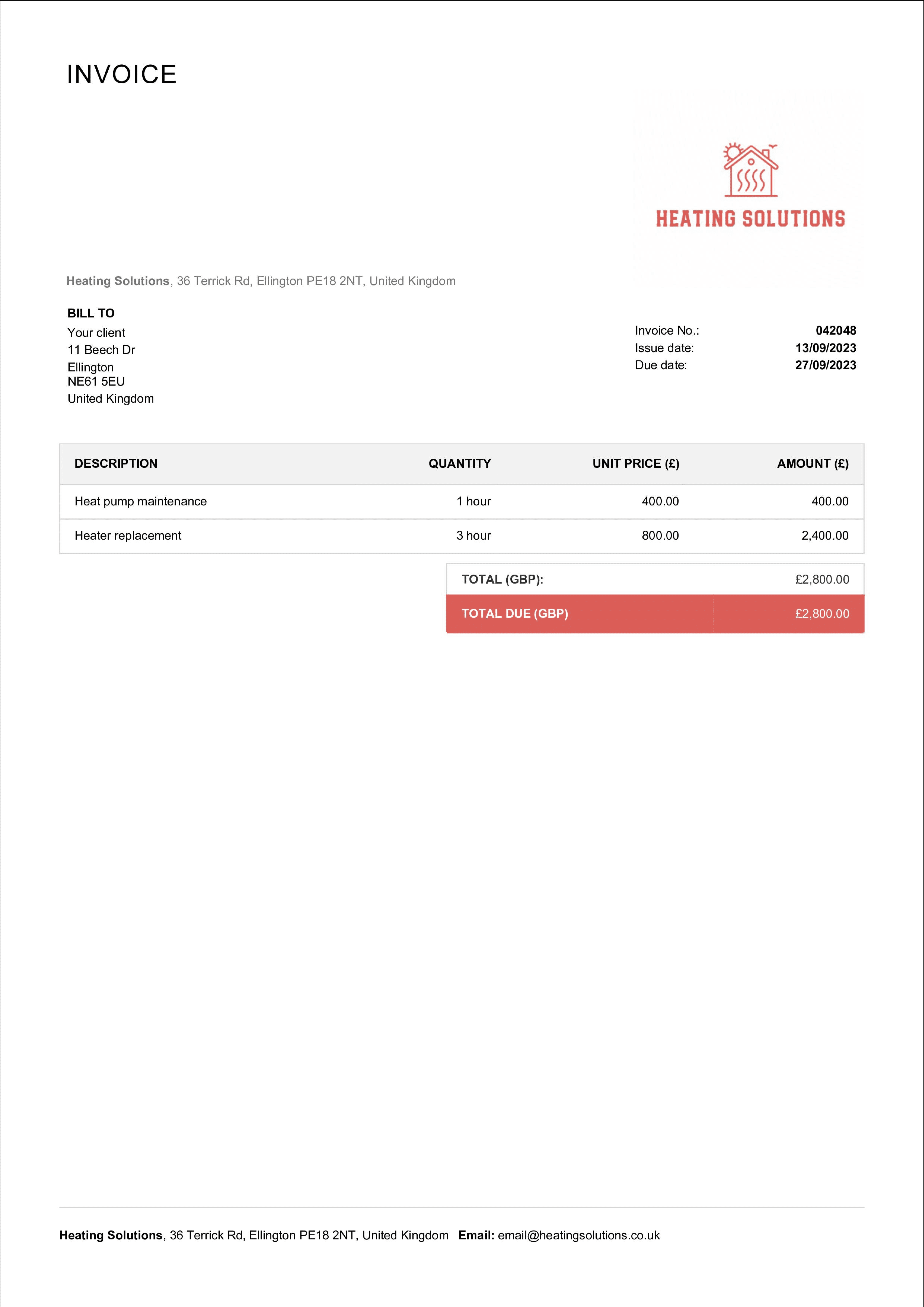 fillable hvac service invoice template for UK