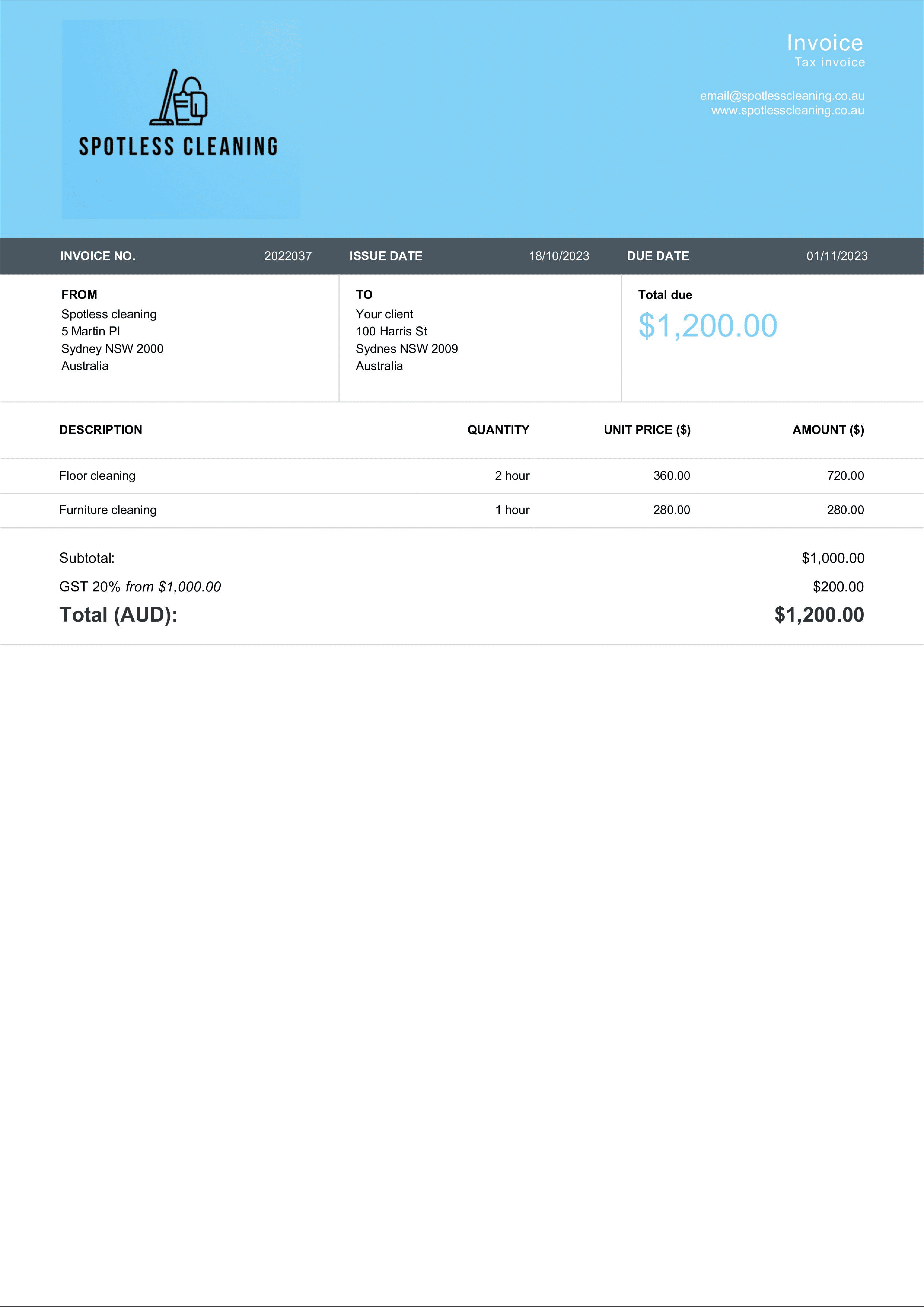 fillable invoice sample for Australia