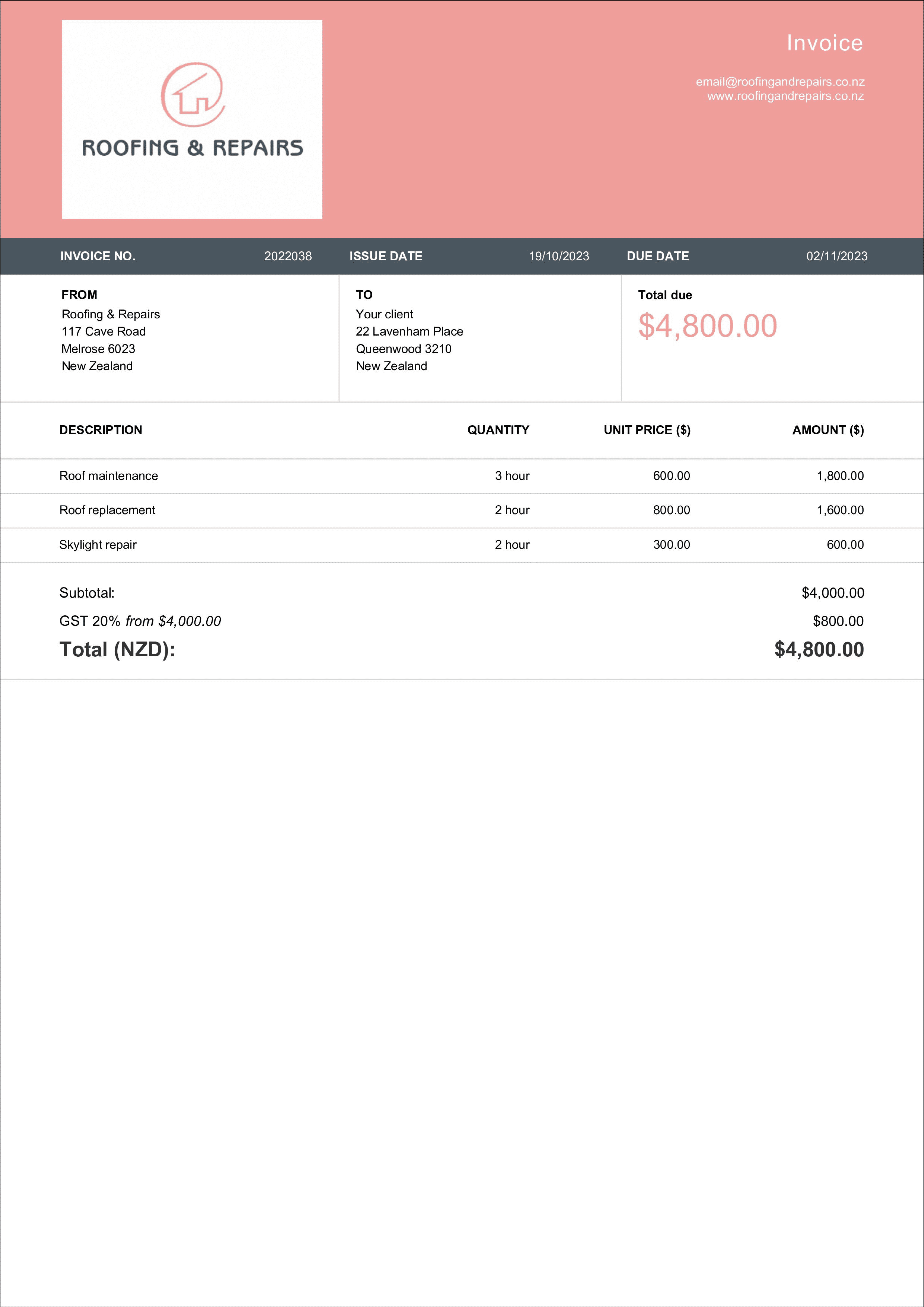 fillable invoice sample for New Zealand