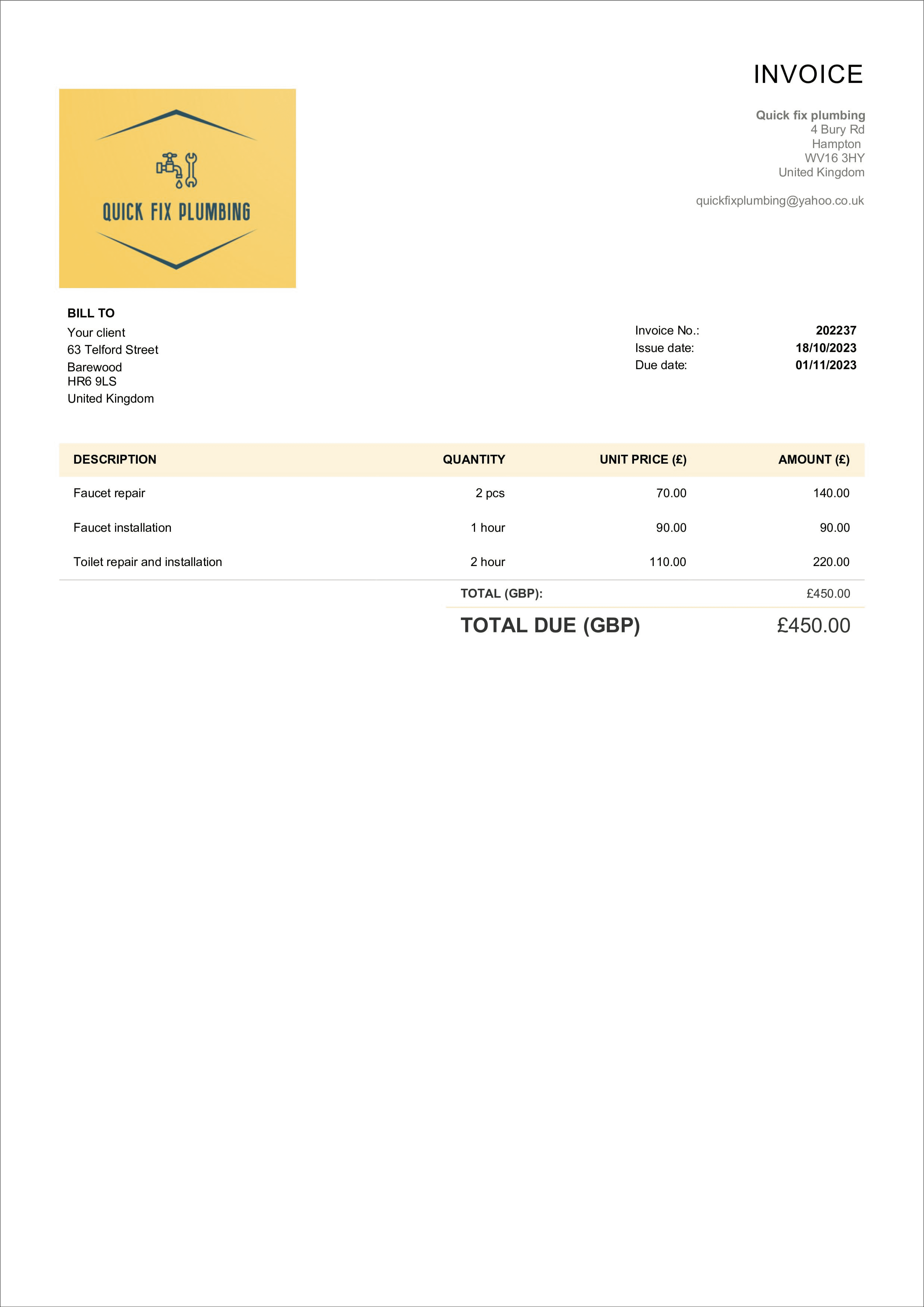 simple plumbing invoice layout uk