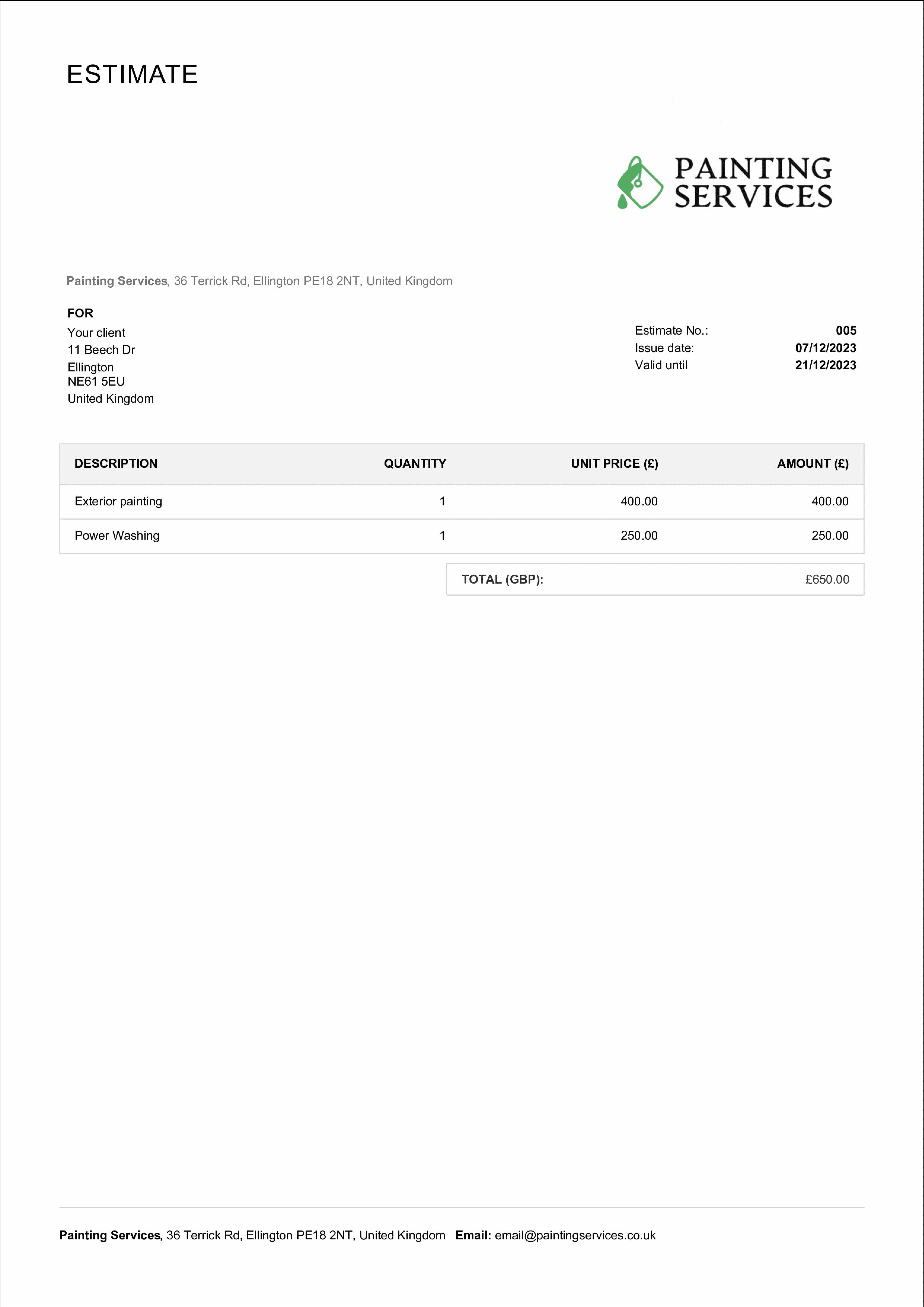 fillable painting estimate template example