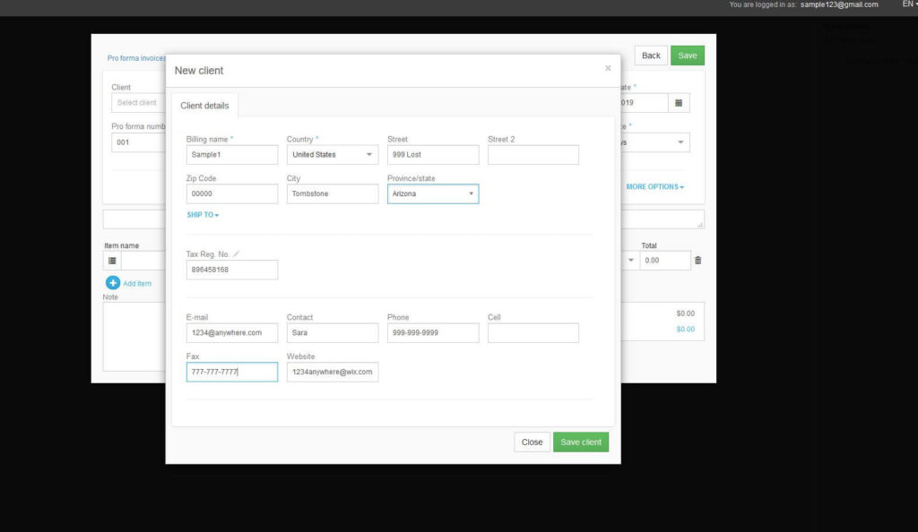 Add a new client details for the pro forma invoices