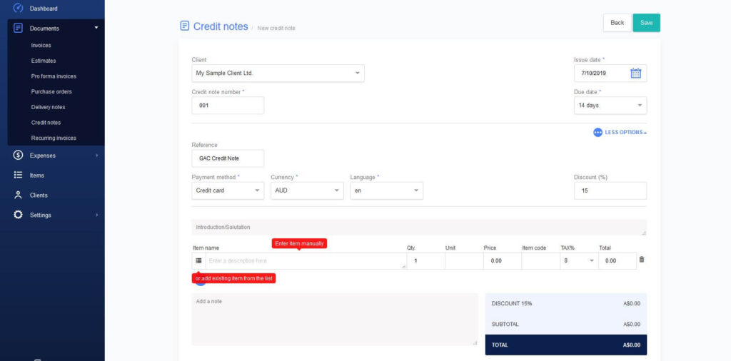 Add other details into your credit note Add other details into your credit note