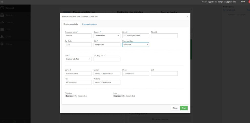 Complete your business profile before creating pro forma invoices