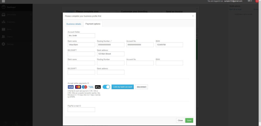 Complete your payment details profile before creating pro forma invoices