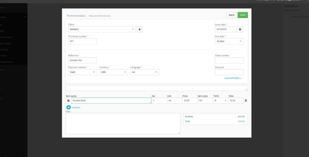 Dashboard-Add all the items to a proforma invoice for your client