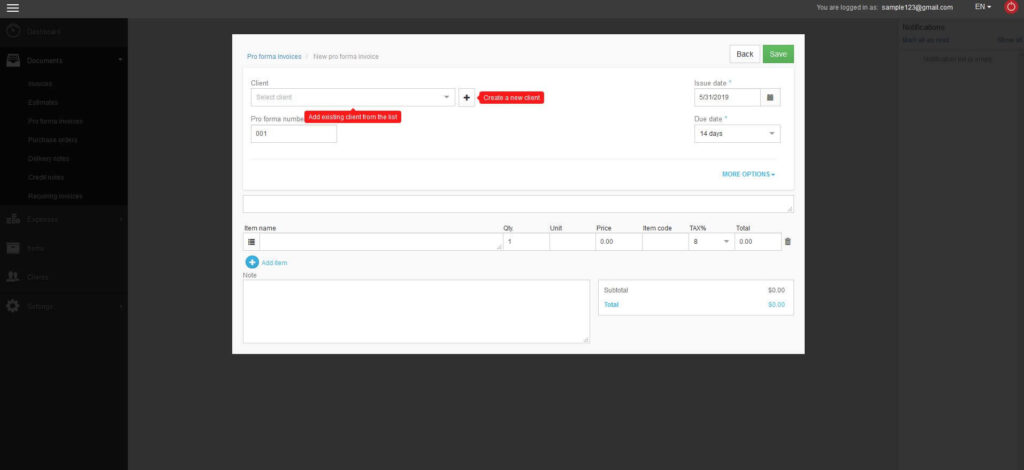 Dashboard-Create a new proforma invoice