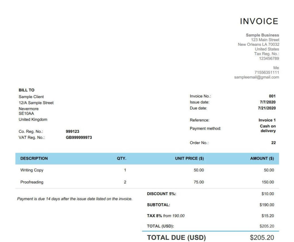 Writing an invoice Invoice preview