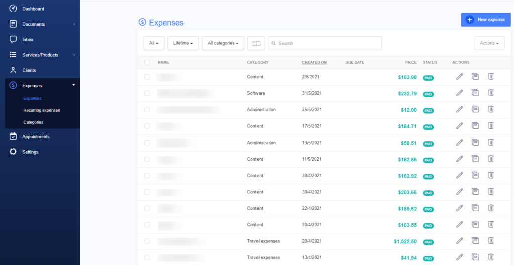 Overview of business expenses in the Billdu app