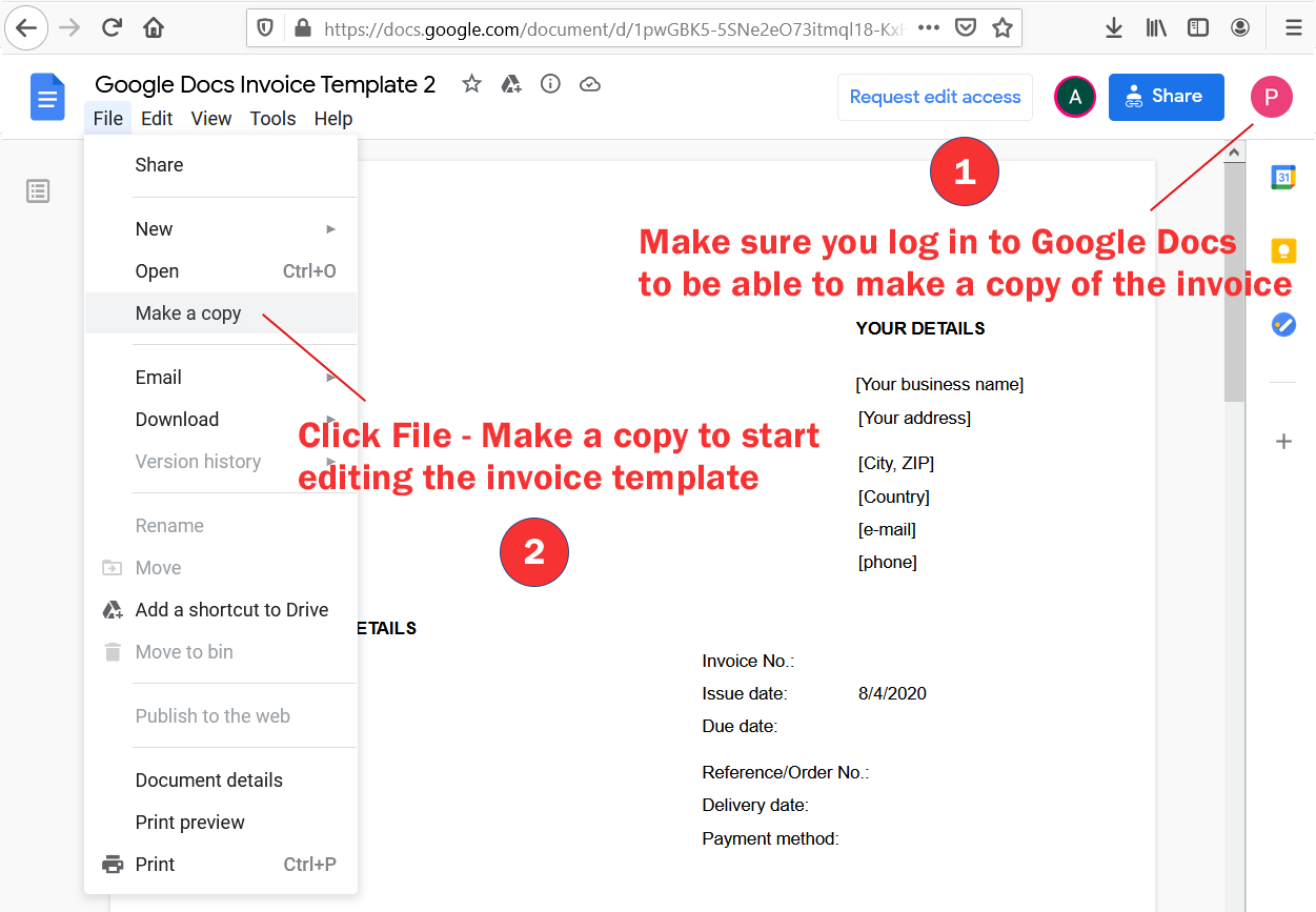 Instructions to make a copy of the Google Docs invoice template