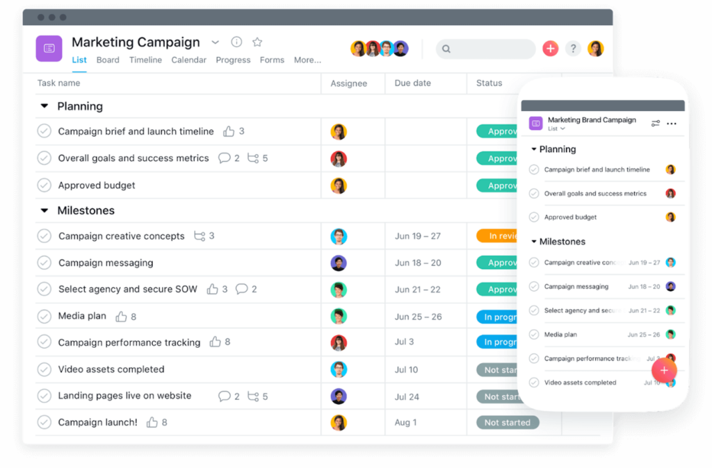 Asana business productivity app for project management