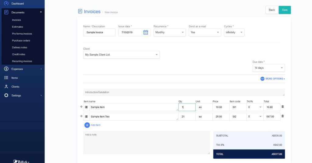 Partial Payment Invoice, billdu dashboard